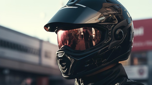 Um motociclista bonito posando com um capacete preto.