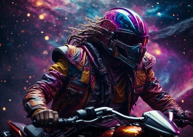 Um motociclista com um capacete na cabeça e o universo e planetas no fundo uma noite