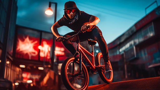 Foto um motociclista de bmx a respirar no parque de patinação