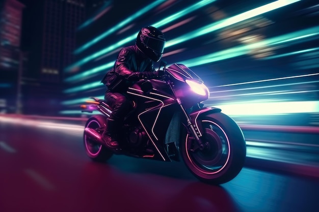 Um motociclista em um capacete em uma motocicleta percorre a ilustração do estilo cyberpunk da cidade noturna