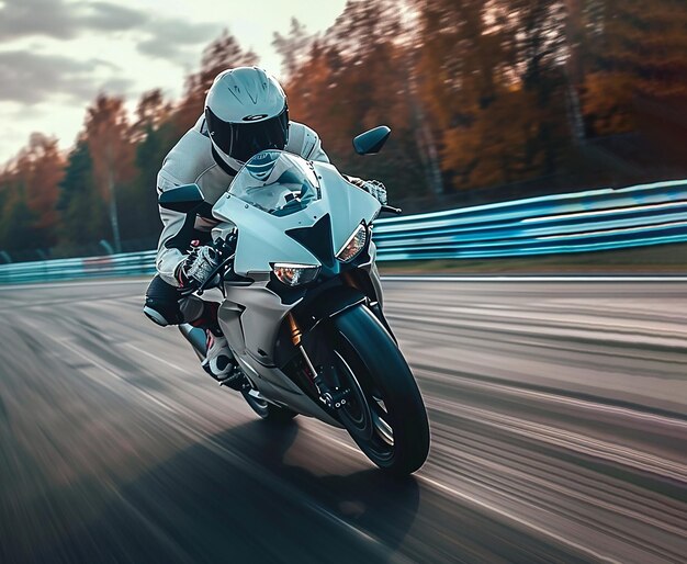 Um motociclista em uniforme completo anda em uma motocicleta esportiva ao longo da pista