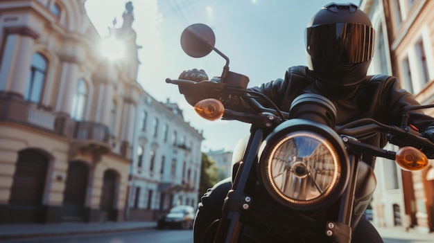 Um motociclista preparando-se para um passeio na perspectiva da cidade a partir de uma bicicleta