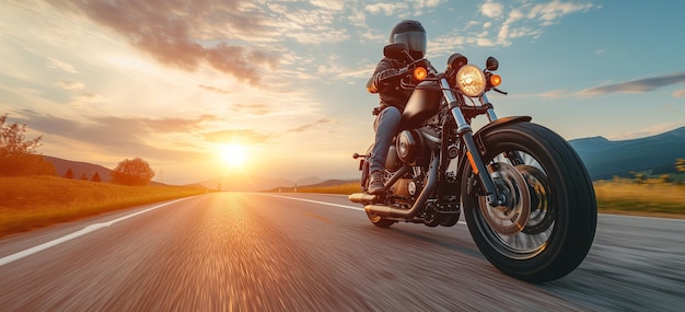 Um motociclista viaja rápido em uma estrada americana ao pôr do sol