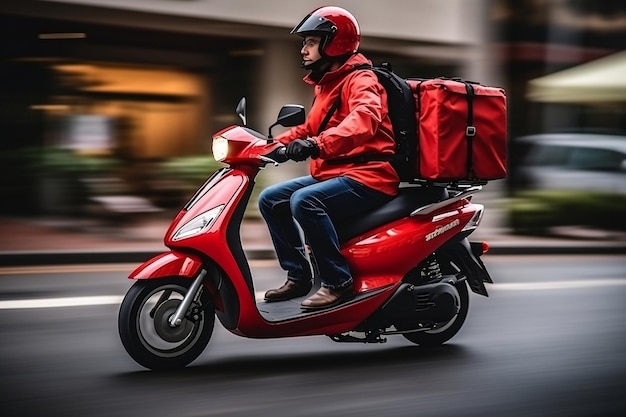 Um motorista de motoneta de entrega de comida com uma mochila vermelha Generative Ai