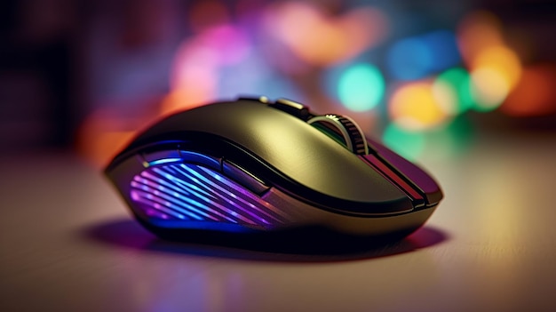 Foto um mouse com uma luz colorida está aceso.