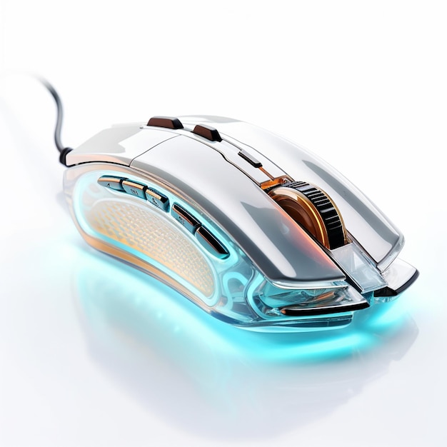 Um mouse de computador com uma luz azul acesa.