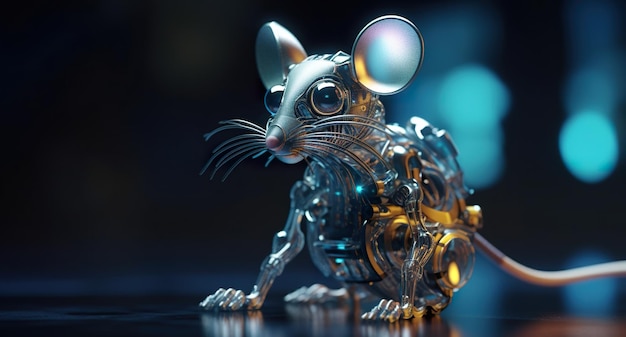 Um mouse de metal sentado em cima de uma imagem ai generativa de mesa