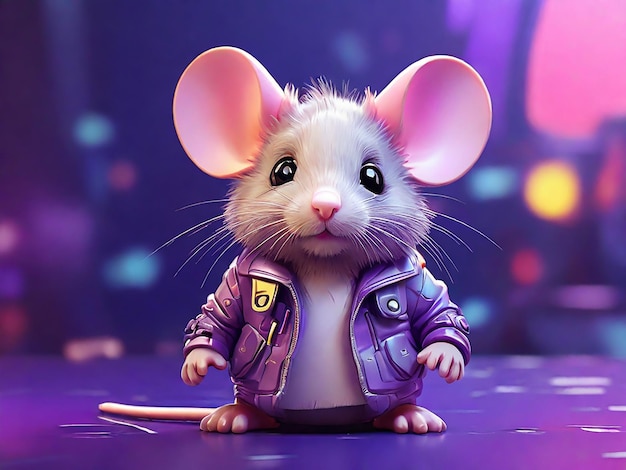 Foto um mouse fofo com tema cyberpunk roxo para papel de parede