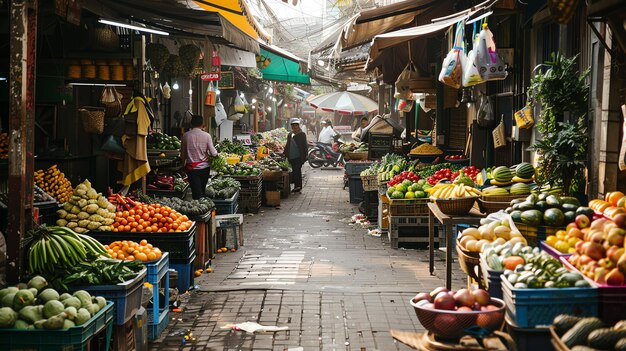 Foto um movimentado mercado asiático está cheio de cor e vida. a rua estreita está alinhada com barracas que vendem produtos frescos, carne e peixe.