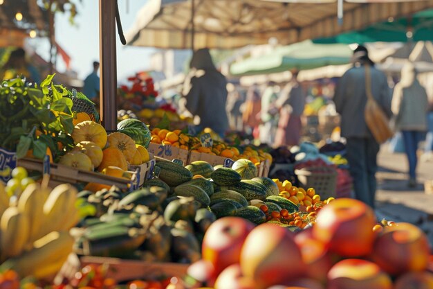 Foto um movimentado mercado de agricultores num dia ensolarado