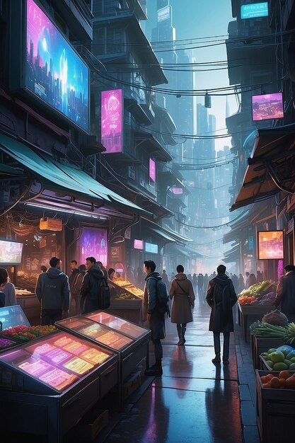 Foto um movimentado mercado de rua ciberpunk cheio de exibições holográficas