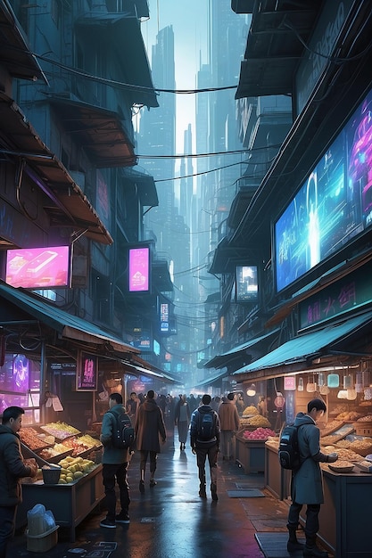 Foto um movimentado mercado de rua cyberpunk cheio de exibições holográficas