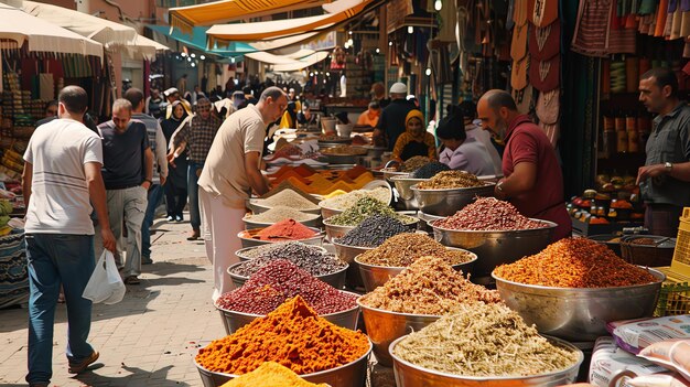 Um movimentado mercado em Marrocos está cheio de pessoas comprando e vendendo especiarias, frutas e legumes.