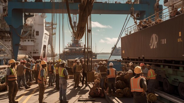Um movimentado porto comercial com guindastes, navios de carga e trabalhadores ocupados