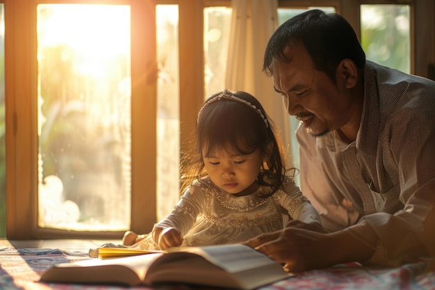 Foto um muçulmano asiático religioso ensinando sua filha de 6 anos a aprender o alcorão e estudar o islã