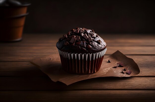 Foto um muffin de chocolate em uma mesa de madeira fundo escuro fotorrealista ai gerado