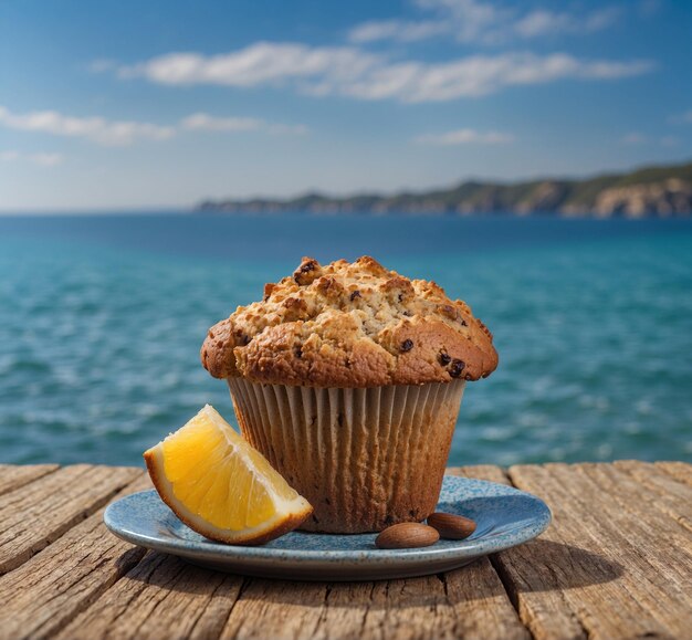 um muffin e uma fatia de limão estão em uma mesa de madeira