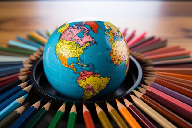 Um mundo de cores representado por um globo circundado por vários lápis