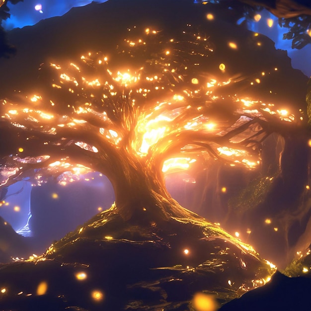 Um mundo de fantasia com uma árvore brilhante