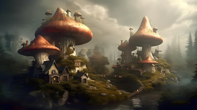 Um mundo de fantasia com uma casa de cogumelos na água