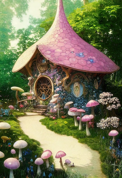Um mundo de fantasia mágico com uma casa de conto de fadas e mata-moscas em uma floresta misteriosa verde