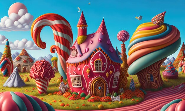 Um mundo doce e mágico de doces e casas de fantasia de pão de gengibre.