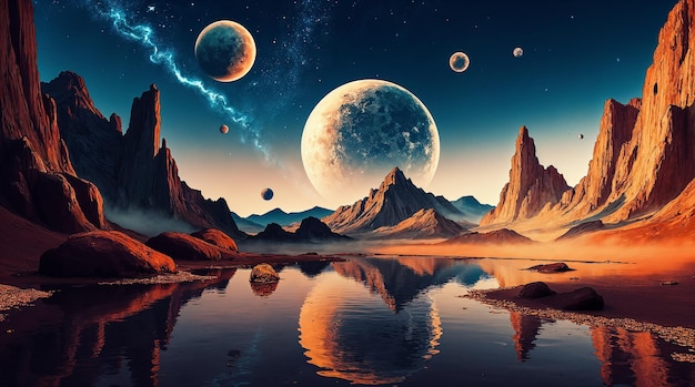 Um Mundo Extraterrestre Majestico: Paisagem Cósmica com Planetas e Montanhas