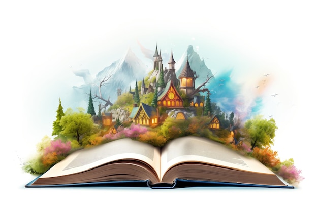 Um mundo mágico em cima de um livro aberto isolado