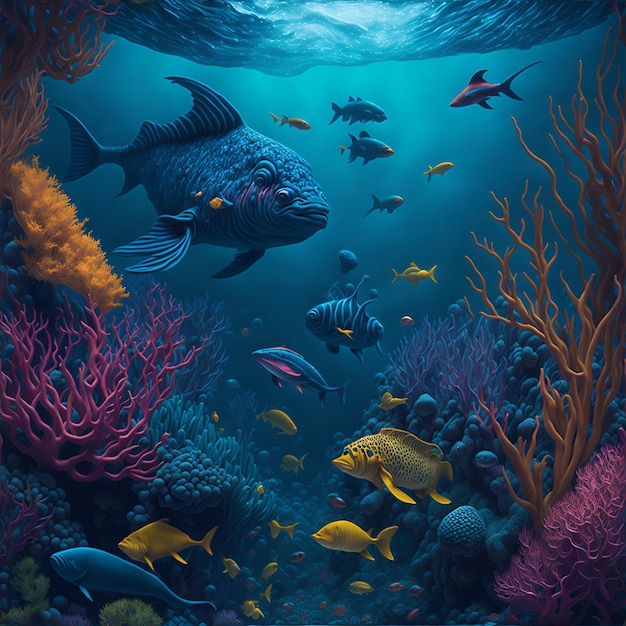 Um mundo marinho profundo vibrante com uma variedade de cores e texturas