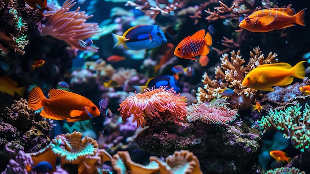 Foto um mundo subaquático cheio de cores vibrantes uma variedade de peixes nada graciosamente entre os belos recifes de coral criando uma cena hipnotizante
