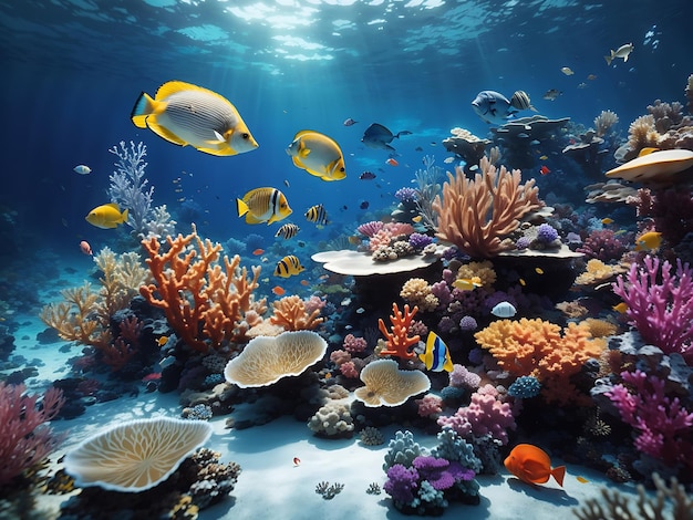 Um mundo subaquático surreal com recifes de corais vibrantes e criaturas marinhas exóticas