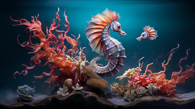 Um mundo subaquático tranquilo mostrando cavalos-marinhos agarrados a galhos de coral