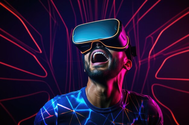 Um mundo surreal de usuário de fone de ouvido VR e campos de flores coloridas de realidade virtual Generative AI