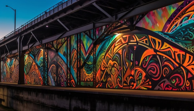 Um mural colorido à beira do rio