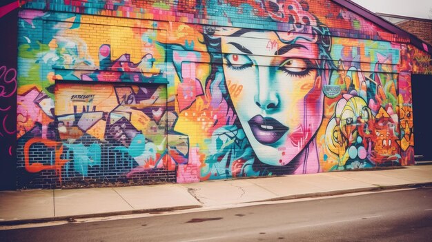 Um mural com o rosto de uma mulher é pintado na parede.