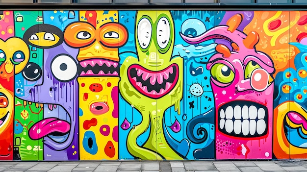 Um mural de arte de rua vibrante e eclético com uma colagem de personagens coloridos de desenho animado com