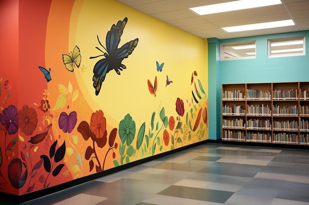 Um mural de borboletas em uma parede que diz borboleta.