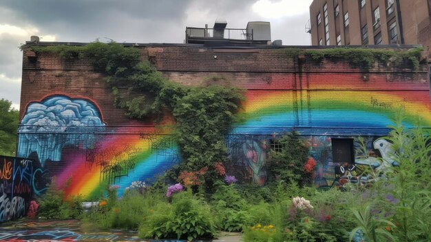 Um mural de flores e um arco-íris em uma parede em brooklyn.