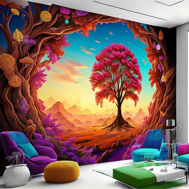 Um mural de parede de uma árvore e uma montanha com um céu roxo.