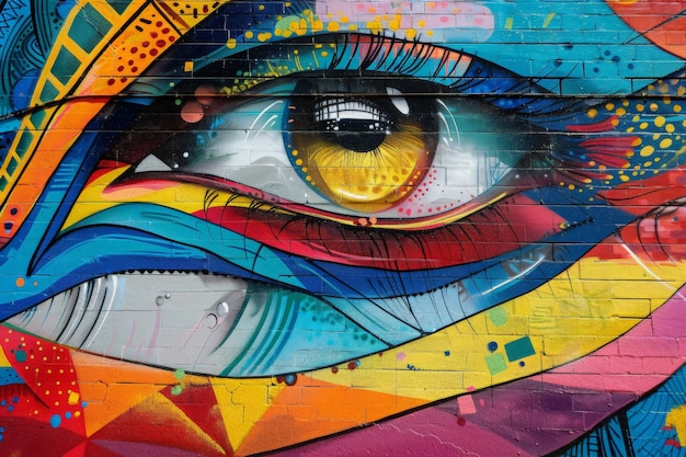 Um mural detalhado de um olho vibrante lindamente pintado em uma parede desgastada capturando o olhar e a intriga dos transeuntes