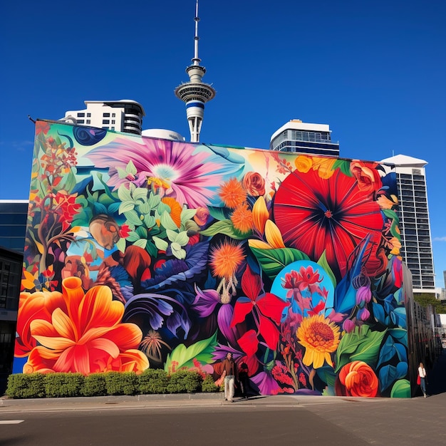 Um mural vibrante na movimentada rua de Auckland