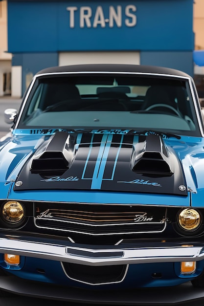 Foto um muscle car azul e preto com placas