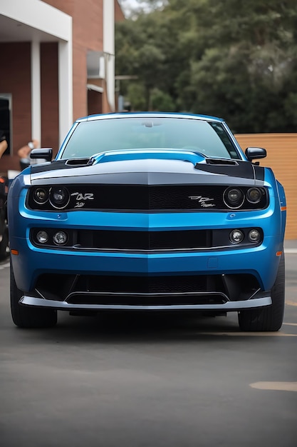 Um muscle car azul e preto com placas