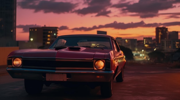 Um muscle car vintage estacionado na rua à noite, uma cena retro de synthwave de estilo dos anos 80 com um poderoso impulso à noite, gerada por IA.