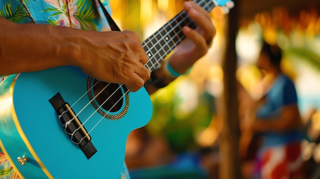 Foto um músico a tocar um ukulele azul o músico está a usar uma camisa havaiana o fundo está desfocado