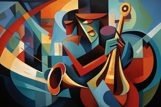 Um músico de jazz abstrato de música cubista tocando saxofone