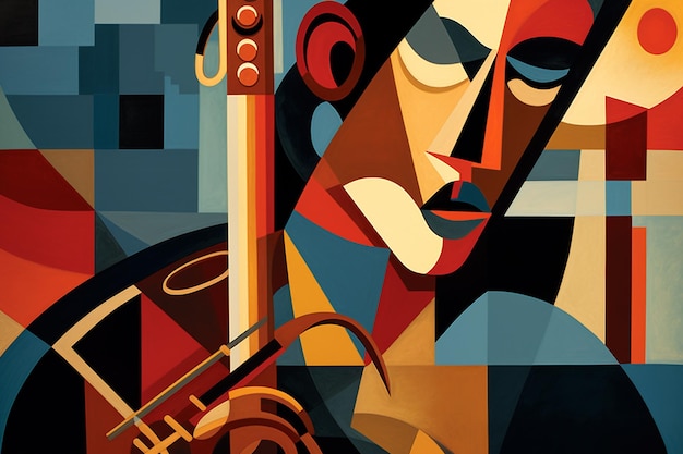 Um músico de jazz abstrato de música cubista tocando saxofone