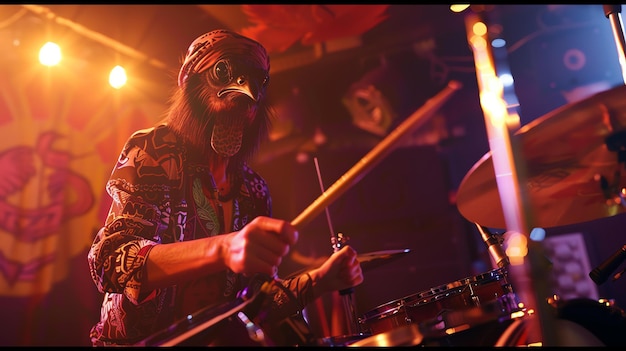 Foto um músico de rock com uma cabeça de galinha como máscara está tocando bateria em um palco com luzes brilhantes