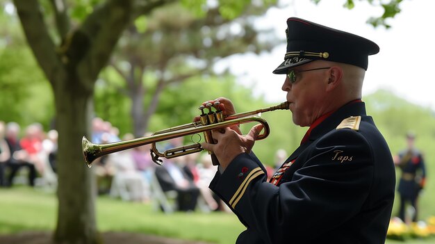 Foto um músico militar toca a trombeta durante uma cerimônia solene ele está vestindo um uniforme preto e um chapéu preto com um cordão de ouro