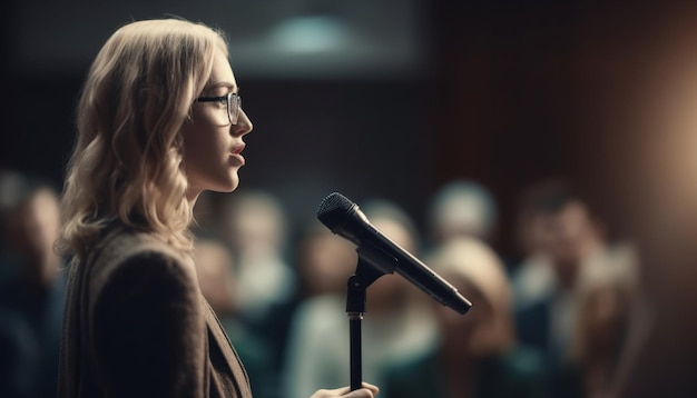 Foto um músico muitos fãs um palco e um microfone gerado por ia